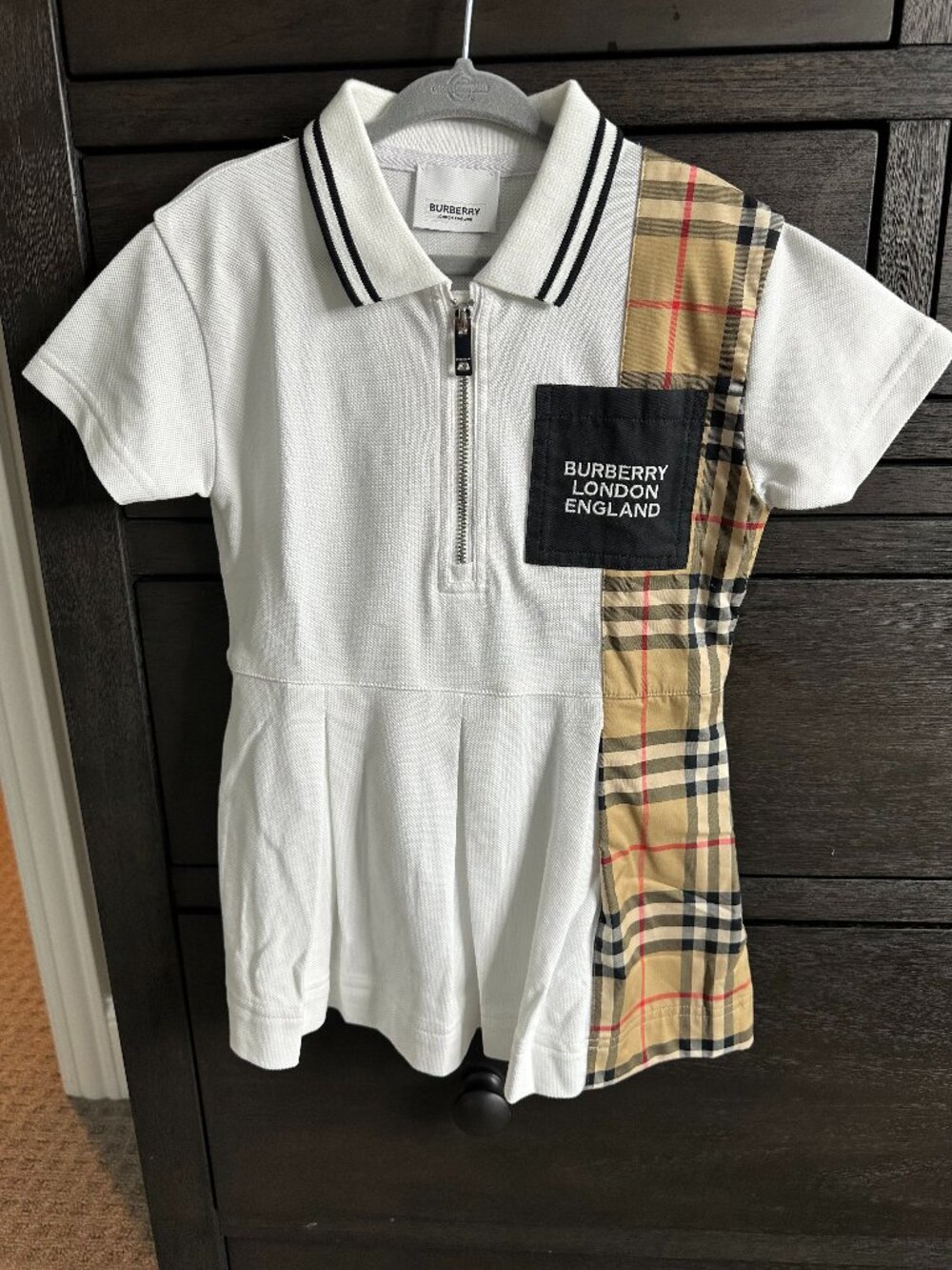 Burberry Girls Vintage Check Panel Polo Dress White Piqué Half Zip Size 2Y 92cm